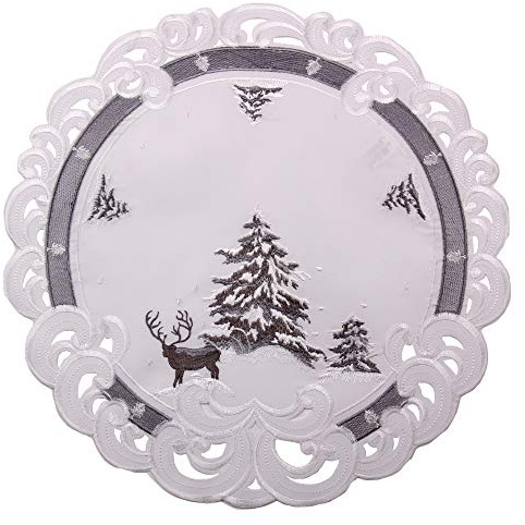 Quinnyshop Weihnachtsdeckchen - Bestickt mit Hirsch und Tanne Motiv Leinenoptik Polyester Grau-Weiß ca. 40 cm Rund