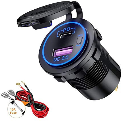 Thlevel 12V Auto USB C Steckdose Ladegerät 40W QC3.0 und PD mit Schalten | für 12V-24V Fahrzeuge Boot Motorrad SUV Bus LKW Wohnwagen Marine Blue