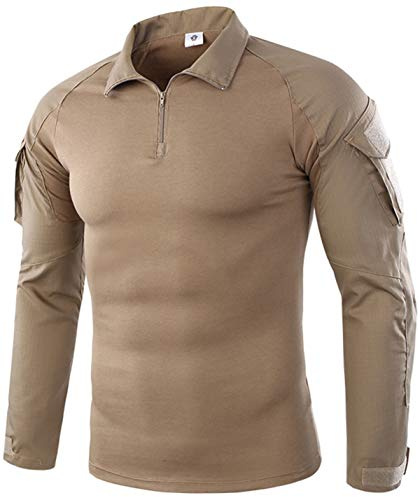 FENG Taktisk militär strid t-shirt för män långärmad slim fit camo skjorta militäruniform airsoft tillbehör jakt vandring, kaki, 5XL