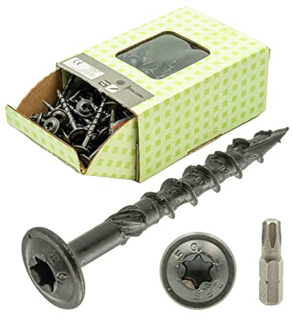 Tellerkopfschrauben schwarz 6,0 x 30 mm TORX, 100 Stück, Holzbauschrauben mit Tellerkopf, schwarze Konstruktionsschrauben inkl. Bit
