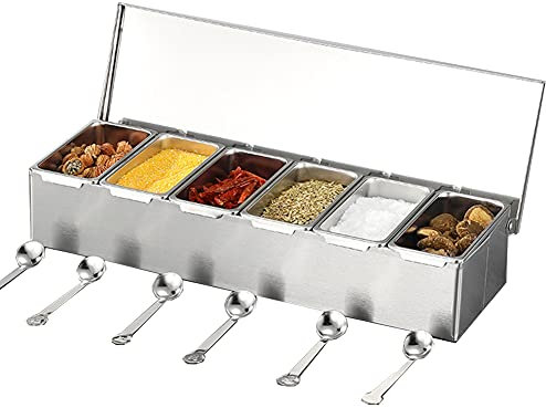 MNSSRN Scatola di condimento con Clamshell in Acciaio Inox, Barattolo con condimento con Cucchiaio, condimento Sale Shaker Cucina Grande condimento Rack