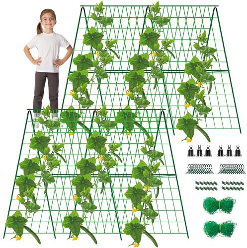 2 Packungen 121,9 x 121,9 cm faltbares Gurkenspalier für Hochbeet, A-Rahmen, Garten-Rankgitter für Kletterpflanzen, Outdoor, mit Kletternetz und Pflanzenstützclip für Outdoor-Pflanzen, Zucchini,