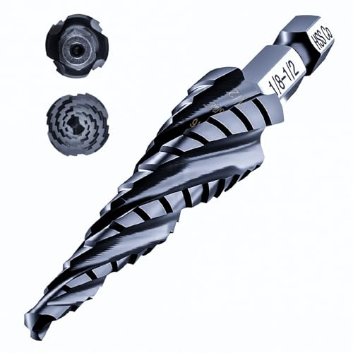 AugTouf Four Spiral Flute Cobalt Step Drill Bit(Pro Max), 1/8-1/2 Impact Ready Four Spiral Flute Unibit Step Bit, 1/4 Hex Shank Unibit for Metal, Stainless Steel, Aluminum, Wood, Plastic