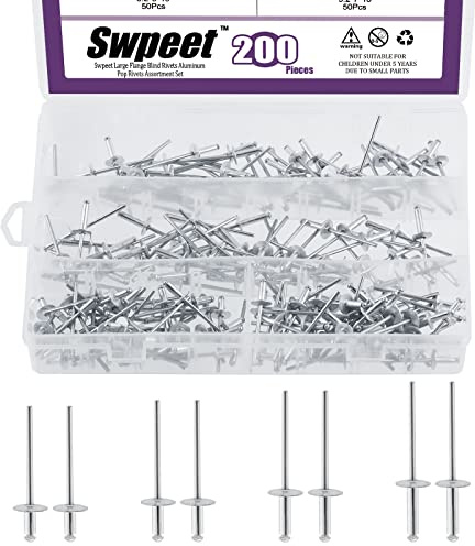 Swpeet Lot de 200 rivets aveugles en aluminium de 0,3 cm x 9,3 cm / 11/81,3 cm / 7/16,6 cm / 83/162,6 cm à grande bride en aluminium argenté à extrémité ouverte pour une utilisation