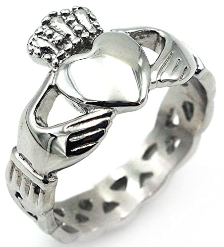 Edelstahl Ringe Goth, Männer Ring Cool Silber Krone und Herz Claddagh Herren Ring Größe 52 (16.6)