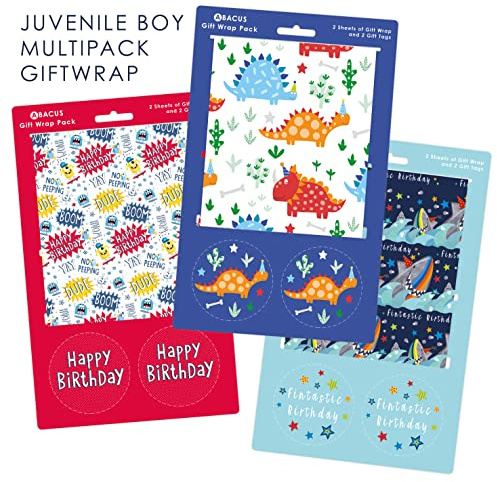 Abacus - Geschenkpapier-Sortimentspackung – 2 x Dinosaurier-Brüllen, 2 x Fintastic Birthday & 2 x Geburtstagsmonster – 6 recycelbare gefaltete Blätter und 6 Anhänger
