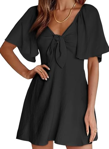 Dokotoo Black Dress Womens Summer Dresses for Women 2026 Spring Fashion Drawstring V Neck Ruffle Party Dresses Wedding Guest Beach Casual Mini Cocktail Plus Size Dress Women's Clothing