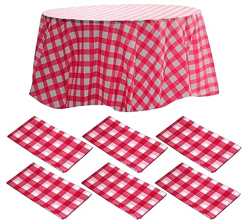 Runde Kunststoff-Tischdecke mit rotem Karomuster, 213 cm, Einweg-Tischdecke, rund, weiß, dekorativ, glatte Tischdecke für Partys, Grillen, drinnen und draußen, 6 Packungen