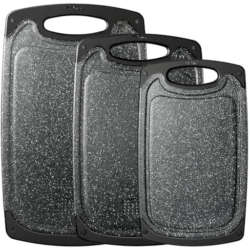 Schneidebrett kunststoff, Schneidebrett mit Marmorimitatstruktur und Saftrillen und rutschfeste Griffe, 3 Stücke, BPA-Free, Marmor,professionelles, spülmaschinenfest