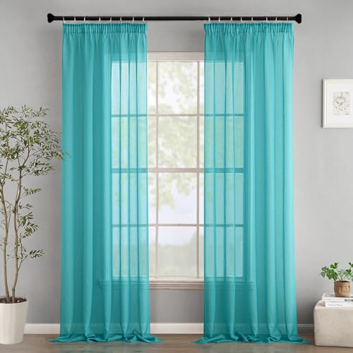 Woaboy Gardiner med veckband voile gardiner vardagsrum transparent sheer curtain Stores gardin sovrum moderna gardiner set om 2 140 x 225 cm (B x H) turkos