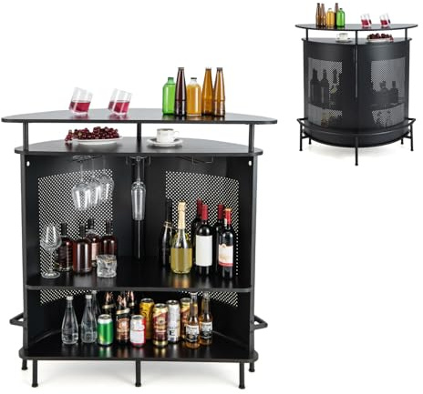 COSTWAY 2-in-1 Bar Table, 4-Tier Bar Cabinet with Stemware Holders, Footrest, Spacious Top & Adjustable Feet, Metal Wine Table Home Bar Unit for Kitchen Pub Bistro (Half Round)