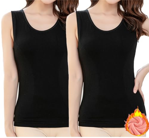 Flenwgo Womens Cotton Thermal Fleece Lined Underwear Tops Cami Tank Top Warm Base Layer Vest, Z-Black&Black, M / (Fit 88~115 lb)