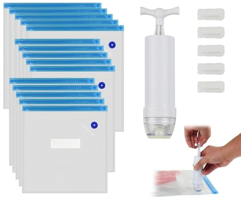 ds. distinctive style Sous Vide Bags 21 Pack (15 Bags, 1 Hand Pump and 5 Sealing Clips) Reusable Vacuum Seal Bags with Hand Pump for Food Storage Sous Vide Cooking
