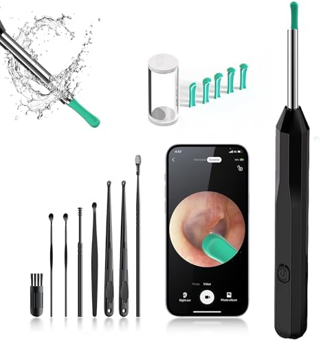 OKUBOX Borttagning av öronvax, öronrengörare med 1080P-kamera, smart visuellt öronvax rengöringsverktyg med 6 LED-lampor, 8 st öronset, 6 öronskopa öronspetsar utbyte, öronrenare för iOS och Android