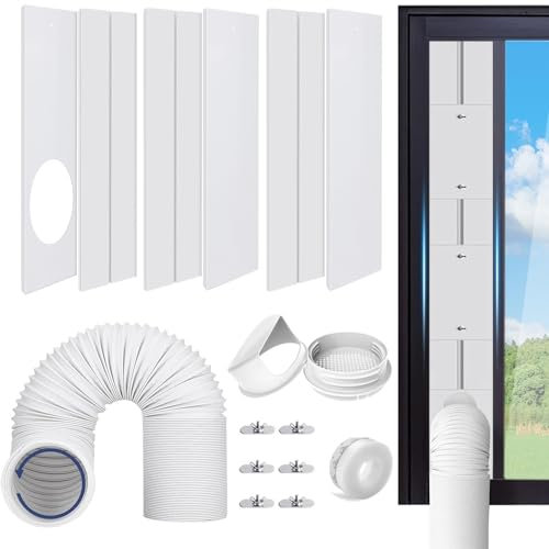 Kit completo de sellado de ventana de 6 piezas para aire acondicionado portátil, se adapta a ventanas y puertas correderas, se extiende hasta 87 pulgadas, incluye manguera de escape de 5.9 pulgadas y