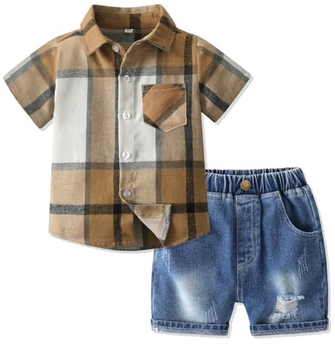 Volunboy Bebis pojke sommarset, pläd kortärmad skjorta + jeans shorts lediga kläder 2 delar, Khaki jeans, 5-6 años