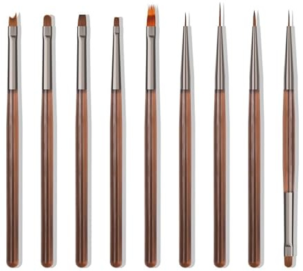Nail Art Pinsel Set, 9pcs Nageldesign Malerei Pinsel, Professionelle Nail Art Design Pinsel, Nail Fine Liner Pinsel, braun