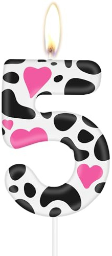 Kuh Geburtstagskerzen, Kuh Print 5th Geburtstagsnummer Kerzen, Rosa Herz Nummer 5 Kerze für Kuchen, Cowgirls Party Dekorationen, Bauernhof Tier Thema für Mädchen Jungen 5th Geburtstag Party Dekora