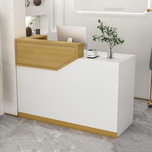 Empfangstheke, Rezeptionstheke, Bürotheke Rezeption Tisch Mit Abschließbaren Schubladen, Tresen Bar Theke, Verkaufstresen, Kassentisch, Für Kosmetikstudio Rezeption(White+Wood-A,120x45100x120cm)