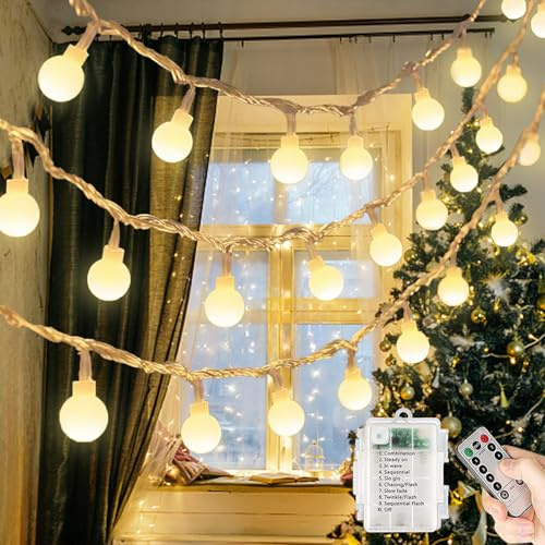 Qillnyy lichterkette Batterie Außen/Innen, 60 LED 8 Modi 7M Lichterkette Kugel mit Fernbedienung Wasserdicht weihnachtsbeleuchtung für Weihnachten, Balkon, Party,Terrasse(Warmweiß)