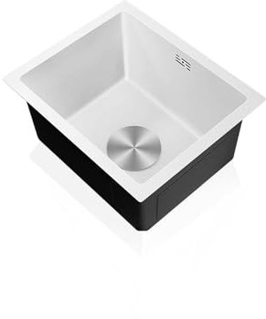 Lavandino Cucina Piccolo,Lavello Cucina Bianco1 Vasca,Lavabo Cucina In Acciaio Inox,Lavabo Rettangolare con Set Di Drenaggio,Installazione Appoggio o Sottopiano (38x30x21cm)