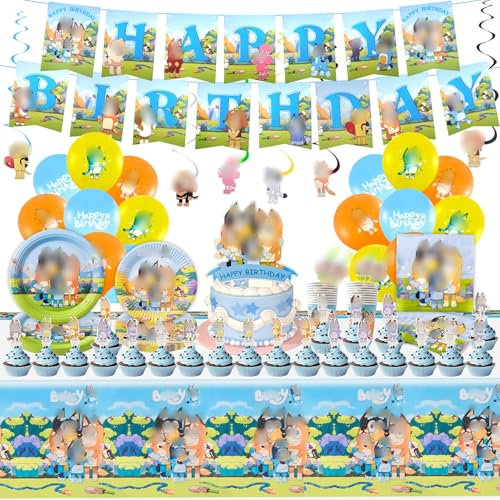 111PCS Decorations Set for 10 Guests - Kids Party Tableware, Plates, Cups, Napkins, Tablecloth, Happy Birthday Banner, Cake Toppers, Balloons