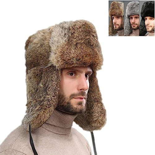 OSMARI Winter Leder Russische MüTze MäNner Frauen PelzmüTze Mit 100% Kaninchenfell Flieger Ohrenklappen Winddicht MüTze