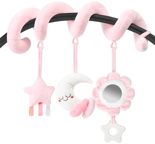 Yierchoo Spiral Car Seat & Stroller Activity Toy, Crib Hanging Rattles Toys for Ages 0-12 Months, Mirror, Textured Ribbons, Squeaky Carseat Stroller Toys, Newborn Baby Girl Gifts
