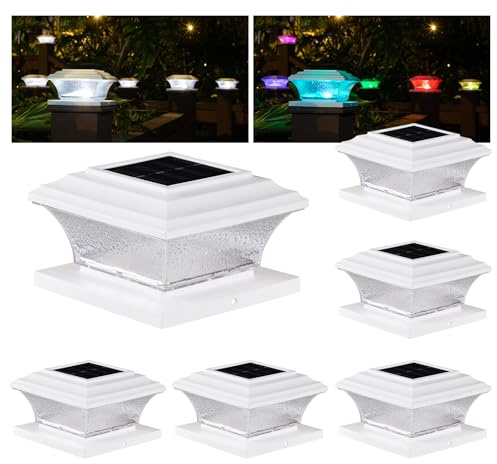 Solar Post Cap Lights Outdoor LED Lighting Deck Fence Cap Light 9 Light Modes Bright White/7 Color Fixed Modes/7 Color Cycling Mode Suitable for 4x4 5x5 Wooden Posts 4x4 5x5 Vinyl Posts
