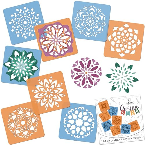NAKLEO Stencil di Pittura per Bambini, 8 Pezzi 15x15cm Mandala, Modelli Plastica e Riutilizzabili di Disegno Creativo, Sagome DIY Decorazione Arte e Artigianato, Carta Muro Legno Tessuto