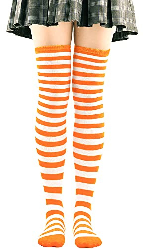 Anevous 1 paio di calze da donna al ginocchio a strisce sopra il ginocchio, calze lunghe a righe Thigh High Socks coscia calzini alti per calzini, leggings sportivi cosplay, arancione + bianco A
