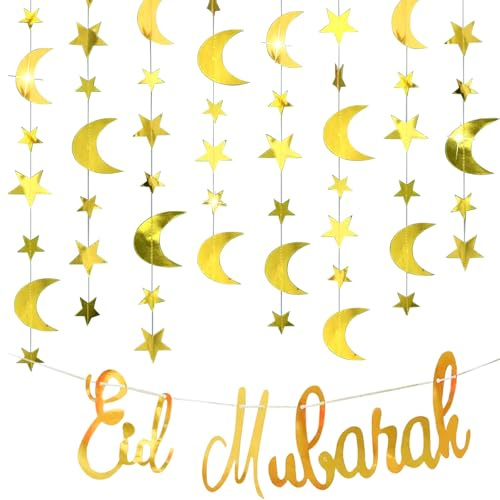Eid Mubarak Banner Set,Laser Gold Ramadan Kareem Banner und Stern Mond Girlande Dekorationen Satz,Ramadan Deko Hängender Anhänger für Muslimischer Islam Eid Feier Dekoration