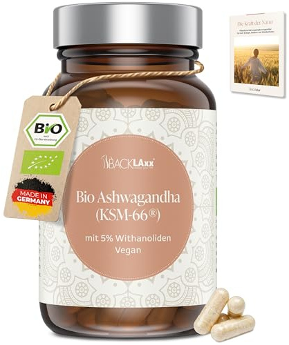 BACKLAXX® Bio Ashwagandha KSM-66®, 90 Kapseln, 12:1 Extrakt, 5% Withanolide | Indische Schlafbeere hochdosiert: 500 mg KSM-66® Wurzelextrakt je Kapsel, 90 Tage Vorrat, laborgeprüft, deutsche Produktion