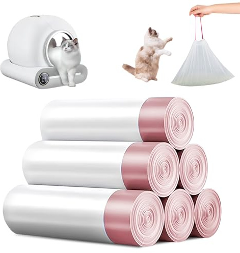 WANDGU Avfallspåsar med bärhandtag: 6 rullar kattlåda, kattsand, kattlåda, påfyllningspåse för byte kattströ, 90 stycken hållbar självrengörande kattlåda, rosa