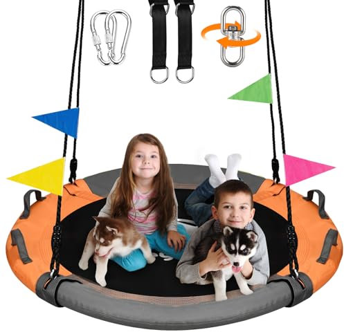HeyZoo 43 Inch Tree Swing, 900lbs Weight Capacity Saucer Swing Sets for Kids & Adults, with 360 Degree Swivel and Adjustable Hanging Strap, Gray and Orange