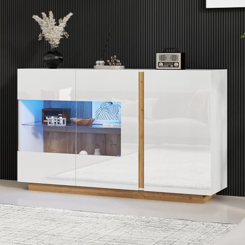 Merax Sideboard Kommode Weiße Hochglanz, Buffetschrank Küchenschrank mit LED Beleuchtung, Anrichte Flurschrank mit viel Stauraum, Verstellbare Ablage, Glastürdesign, für Wohnzimmer Esszimmer, 138cm