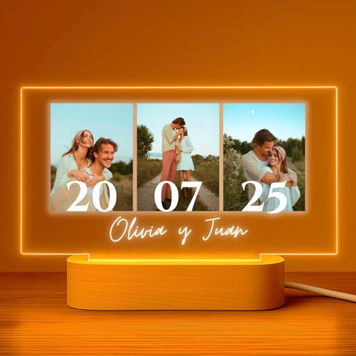 Cristal Plaque Lampara Personalizada con 3 Fotos – Regalo Pareja Hombre Horizontal – Metacrilato con Luz LED Fecha y Nombres – Lamparas Personalizadas