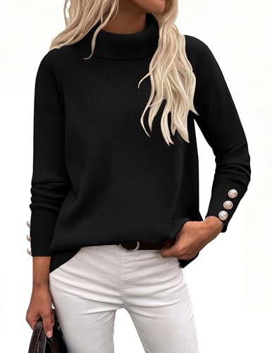 Zeagoo Womens's Jumpers Turtleneck Sweaters Knit Long Sleeve Tops Winter Elegant Jumper Cuffs with Buttons Black L