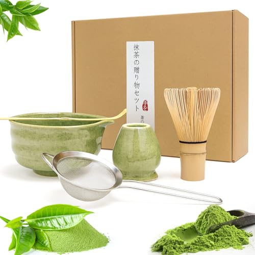 Te Matcha Kit-Matcha Se (5 stycken) Chasen Bambu Matcha-skål med Spik Sked Visp Stativ, Sil, Komplett Matcha-Ceremoni Set - för Matcha-älskare