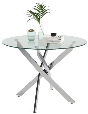 GOLDFAN Mesa de comedor redonda de cristal moderna con patas de metal plateado para muebles de comedor (80 cm, plateado)