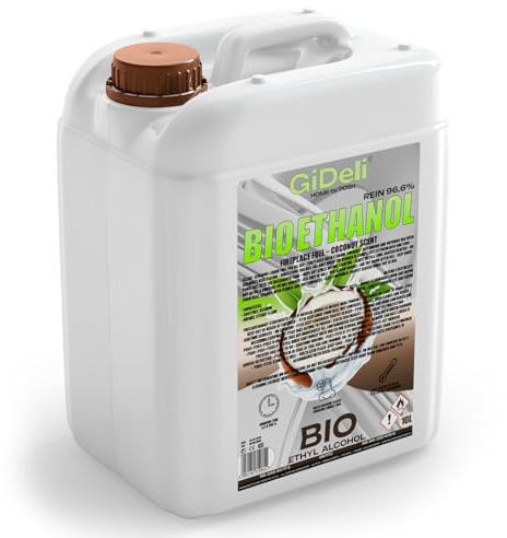 GiDeli Bioéthanol Parfum coco 96,6 % éthanol pour intérieur et extérieur Sans fumée ni suie 10 l À base de maïs et de betterave sucrière
