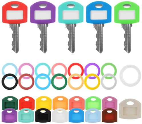 LXUEJIE 30Pcs Colored Silicone Key Covers Caps Set with Blank Printed Label, Key Tags Color Identifiers for House Keys 2 Styles Key Tags Fit Key Protectors for Easy to Classify