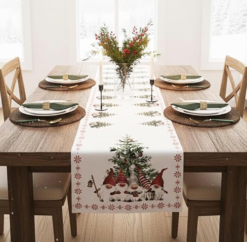 KAMACA Tischläufer 40x140 cm weihnachtlicher Läufer mit fröhlichen Wichteln und festlichem Tannenbaum-Motiv stilvolle Tischdeko Küche Esszimmer Wohnzimmer Winter Weihnachten (Weihnachts - Wichtel)