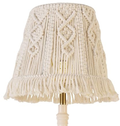 JERHOUS White-Ivory Boho Woven Lamp Shade Bell Tassels Lampshade 7.5``Top x 12``Bottom x 11``High(Spider) Medium Handmade Lamp Shades for Table & Bedside Lamp - Easy Assemble