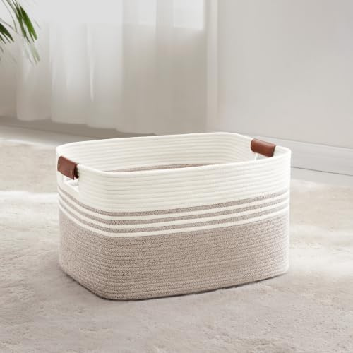 MYHOMMATTO 45L kleiner Wäschekorb geflochten mit Lederhenkeln, Weiß-Braun | Faltbarer Aufbewahrungskorb aus Baumwollseil für Decken, Spielzeug & Kleidung, Maße 45×35×27 cm für Wohnzimmer, Kinderzimmer