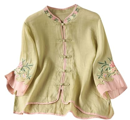 Camisas de manga 3/4 para mujer, elegante blusa bordada floral con estilo chino, botón plegable, ligera, oriental, ropa tradicional china, estilo étnico vintage, verde, XL