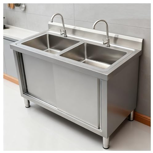 Lavello da esterno in acciaio inox con doppio lavabo, porta scorrevole, completamente saldato, piedini regolabili, design profondo (80 x 60 x 80 cm), pannello posteriore incassato, altezza 80 cm