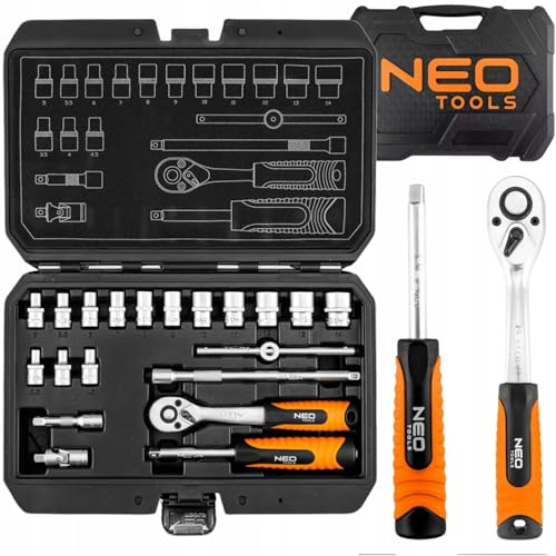 NEO TOOLS Steckschlüsselsatz 1/4 Zoll 20-teilig, Ratschenkasten Set aus CrV | Stahl, Knarrenkasten mit 72T Ratsche, Nüsse 3.5-14mm, Verlängerung, Profi Werkzeug Set