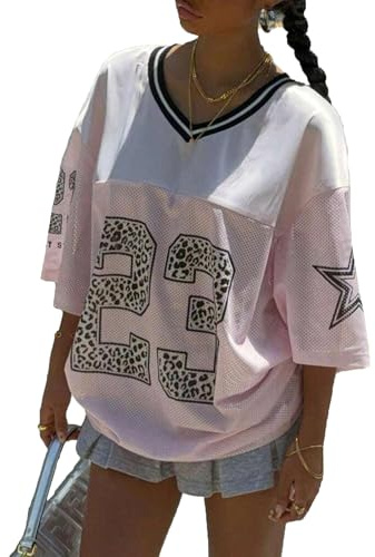 Lshyuehao Jersey Shirts for Women Y2k Oversized Number Graphic Tees V Neck Casual Jersey Summer Sporty Aesthetic Preppy Streetwear