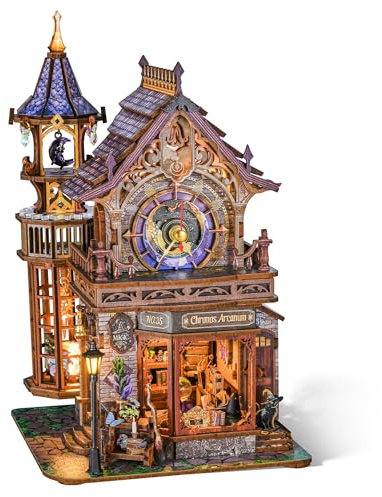 FUNPOLA LED 3D Holzpuzzle Zeitmagie-Club, dynamisches mechanisches Modell mit Musik, Licht und Bewegung, DIY Fantasy-Uhrturm Miniatur-Bausatz, dekoratives Bastelmodell für Erwachsene（14+）